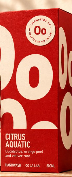 Vermilion red fitted carton with oversized ivory Oo graphic