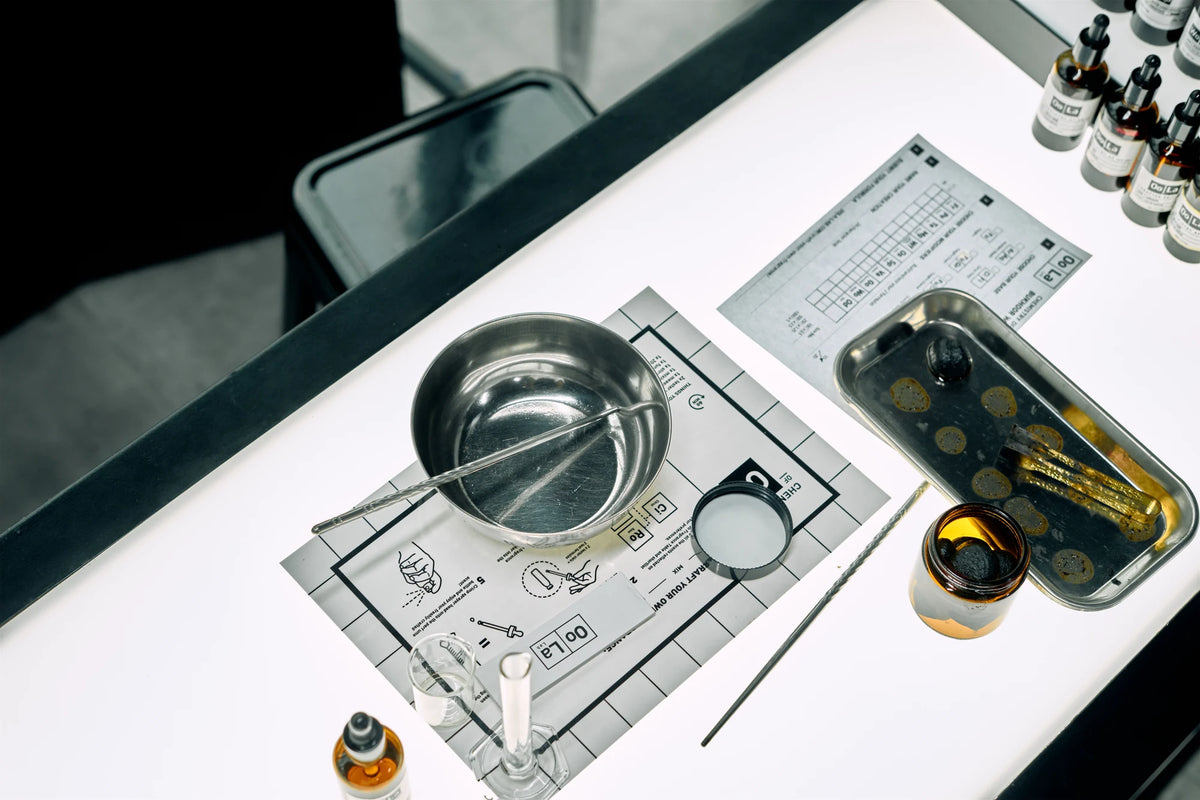 An overhead view of the Oo La Lab fragrance table, notes and glass vessels from the Trigger shoot